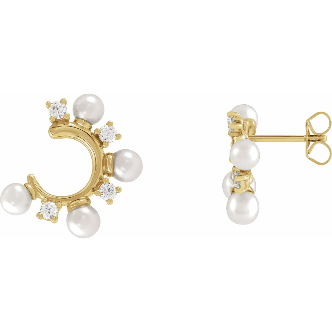14K Yellow Cultured White Freshwater Pearl & 1/3 CTW Natural Diamond Hoop Earrings